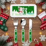 Personalized Cute Cartoon Snowman Initial Food-Grade Kid's Fork Spoon Knife 3 Pcs Cutlery Set with Name Daily Use Christmas Gift for Kids