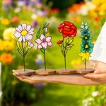 Personalized Stained Birth Flower Garden Stake with Text and Wooden Base Garden Pot Decoration Birthday Gift for Women Gardeners