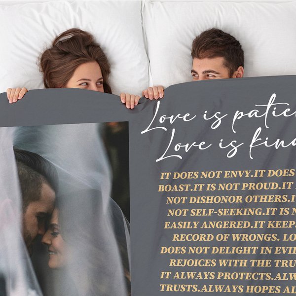 Personalised Love is Patient Kind Photo Soft Throw Blanket with Name and Date Valentine's Day Anniversary Wedding Gift for Couple