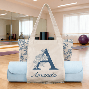 Personalized Toile De Jouy Initial Yoga Mat Tote Bag with Name Yoga Accessories Travel Birthday Christmas Gift for Women Yoga Lovers