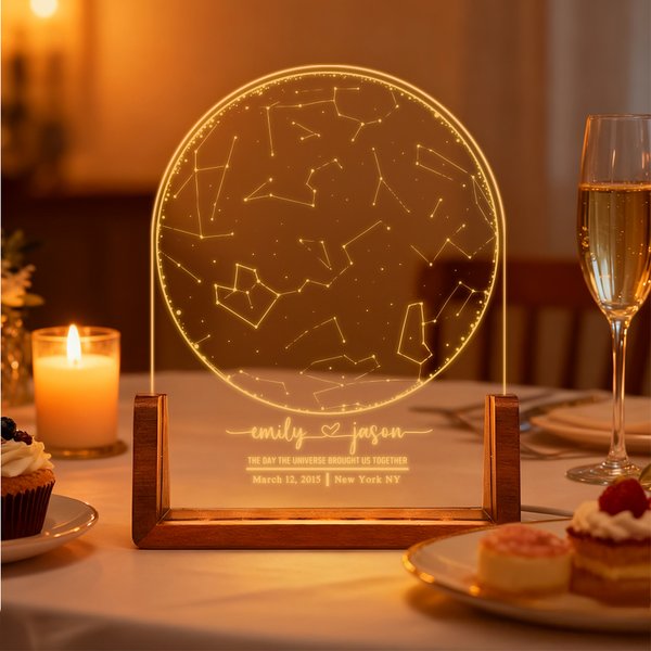 Personalized Star Map Acrylic LED Night Light with Text and Wooden Base Birthday Wedding Anniversary Christmas Gift for Family Couple