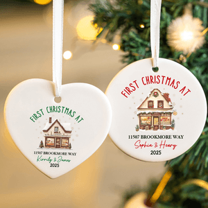 Personalized First Christmas At House Heart Round Ceramic Ornament with Name and Year Tree Decor Christmas Gift for Family Friend