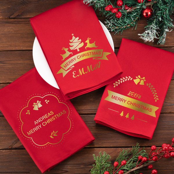 Personalised Reindeer Bell Christmas Tree 100% Cotton Red Christmas Napkin with Name and Text Table Decor Christmas Gift for Family Friends