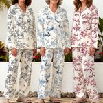 Personalized Multicolour Pet Photo Toile De Jouy Foral Long Sleeve Ladies Pajamas Set Daily Use Pet Party Birthday Gift for Women Pet Lovers