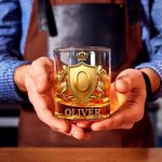 Personalised Golden 3D Badge Initial Name 10 oz Rock Whiskey Glass Old Fashioned Birthday Christmas Gift for Man Bartender Whiskey Enthusiast