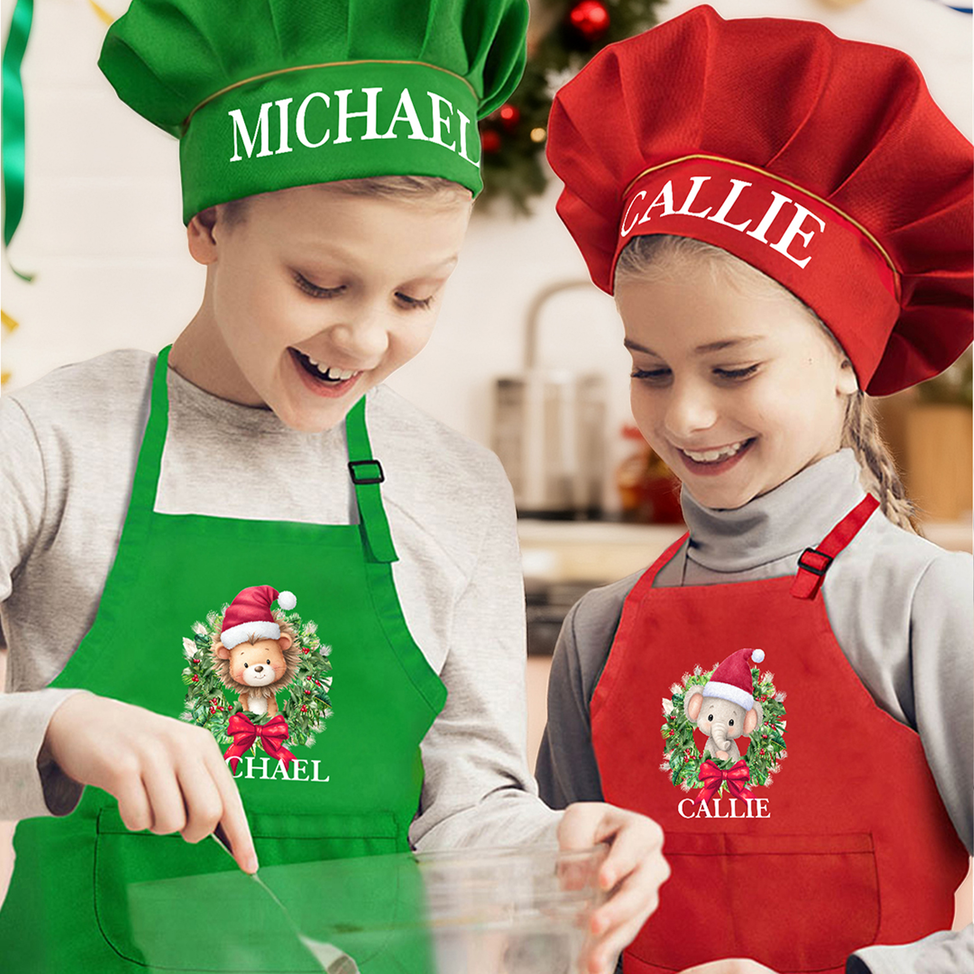 Tablier pour enfant avec nom, couronne de Noël, animaux de dessins animés, cadeau d'anniversaire pour garçons et filles.