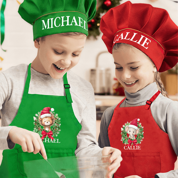 Personalised Christmas Wreath Cartoon Animals Kid Apron Chef Hat Set with Name Christmas Children's Day Birthday Gift for Boys Girls