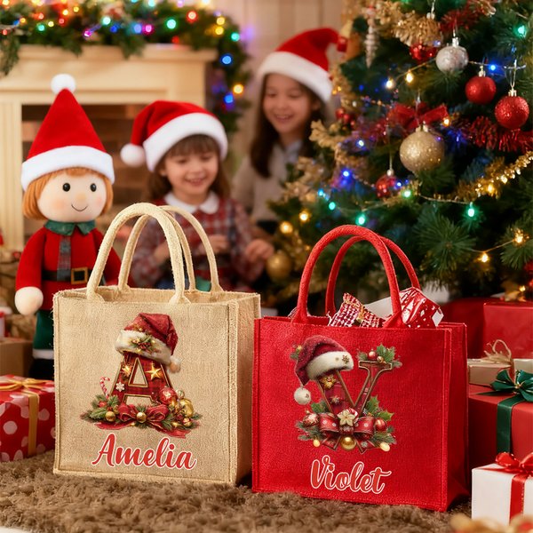 Personalized Santa Hat Holly Initial Design  Large Jute Tote Bag with Name Christmas Party Gift for Family Friends