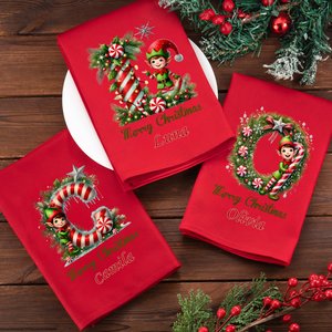 Personalised Merry Christmas Cute Elf Initial 100% Cotton Red Christmas Napkin with Name Table Decor Christmas Gift for Family Friends