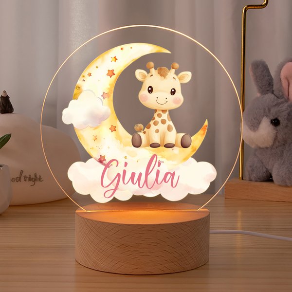 Luce notturna personalizzata in acrilico con animali carini e nome base in legno decor per camera regalo per compleanni per bambini
