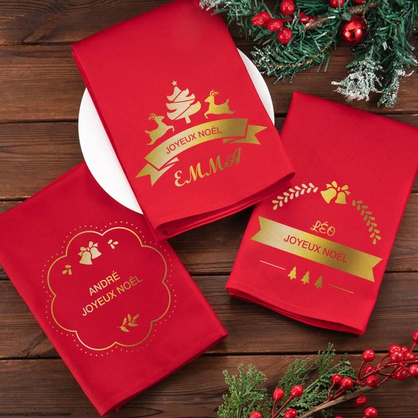 Serviette de Table Rouge en Coton Personnalisée avec Nom Texte et Motif Décoration de Table Cadeau de Noël pour Famille et Amis