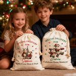 Personalized Santa Claus Snowman Reindeer Design Canvas Drawstring Gift Bag with Name Christmas Gift for Kids Family