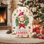 Personalized Cute Cartoon Christmas Animal Wreath Drawstring Christmas Gift Bag with Name Christmas Eve Party Gift for Kids Family Friends