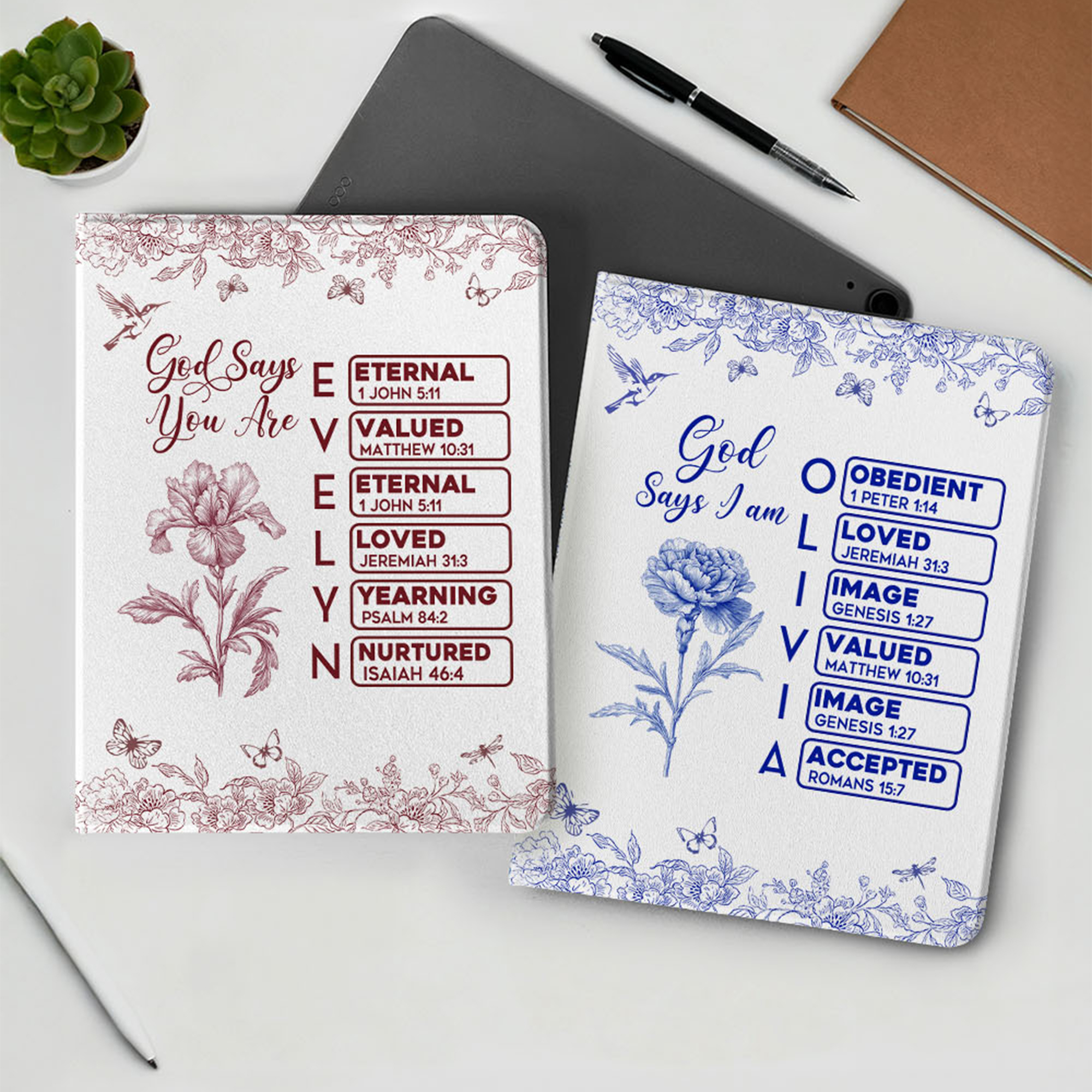 Toile De Jouy Personnalisée Fleur de naissance Papillon Chapitre de la Bible Pad Cover Protective Cover pour iPad Utilisation quotidienne Noël Anniversaire Cadeau pour femmes