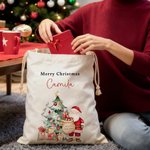 Personalized Santa Claus Christmas Tree Large Canvas Drawstring Gift Bag with Title and Name Christmas Gift for Family Friends