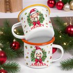 Personalised Wreath Cartoon Christmas Hat Animal 12 oz Enamel Mug with Name Christmas Gift for Family Kids