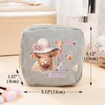 Personalized Floral Initial Highland Cow Square Corduroy Makeup Bag with Name and Zipper Travel Birthday Gift for Women Friends