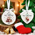 Personalized First Christmas Santa Claus Snowman Heart Round Ceramic Ornament with Name and Year Tree Decor Christmas Gift for Family Friends