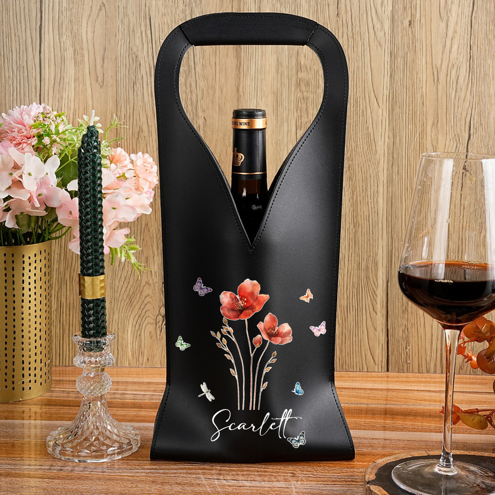Sac à vin en cuir PU avec nom et poignée protectrice Accessoires pour le vin Cadeau pour les amateurs de vin