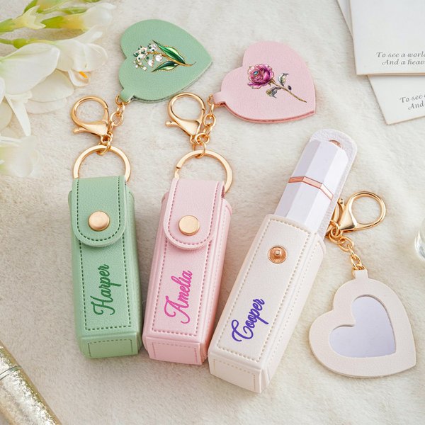 Sac à rouge à lèvres en cuir PU avec nom et miroir en forme de coeur Cadeau d'anniversaire et de mariage pour les femmes