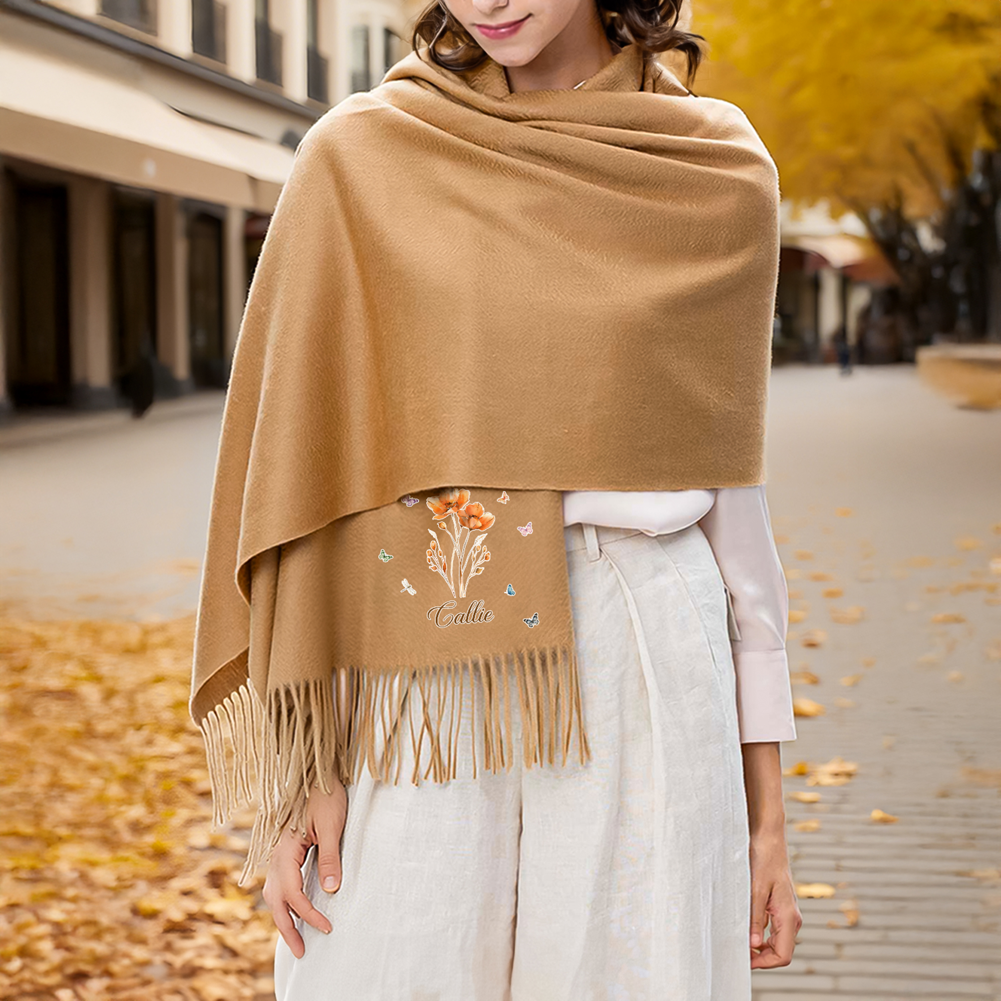 Écharpe à Franges Multicolore Personnalisée avec Nom et Fleur Style d'Aquarelle Cadeau d'Anniversaire de Noël pour Femme