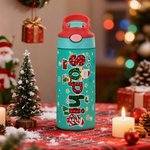 Personalized Deer Santa Claus Christmas-Themed Letters 12 oz Insulated Kid Water Bottle with Handle and Straw Christmas Gift for Boys Girls