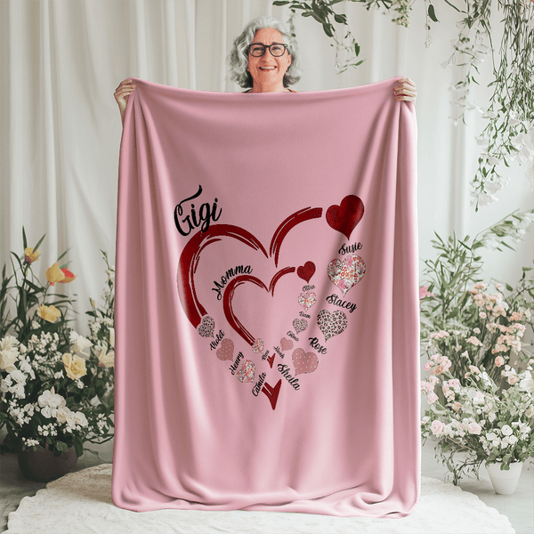 Personalized Double-Layer Heart Soft Throw Blanket with Kid's Names Home Decor Christmas Mother's Day Birthday Gift for Grandma Kids