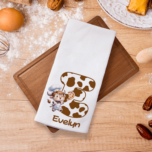 Personalized Highland Cow Chef Initial Waffle Tea Towel with Name Kitchen Decor Birthday Christmas Gift for Kids Highland Cow Lovers