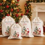 Personalized Santa Claus Christmas Tree Large Canvas Drawstring Gift Bag with Title and Name Christmas Gift for Family Friends