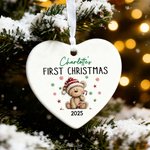Personalized First Christmas Santa Claus Snowman Heart Round Ceramic Ornament with Name and Year Tree Decor Christmas Gift for Family Friends