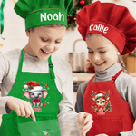 Personalised Cartoon Christmas Hat Animal Adjustable Kid Apron Chef Hat Set with Name and Pocket for Cooking Christmas Gift for Kids
