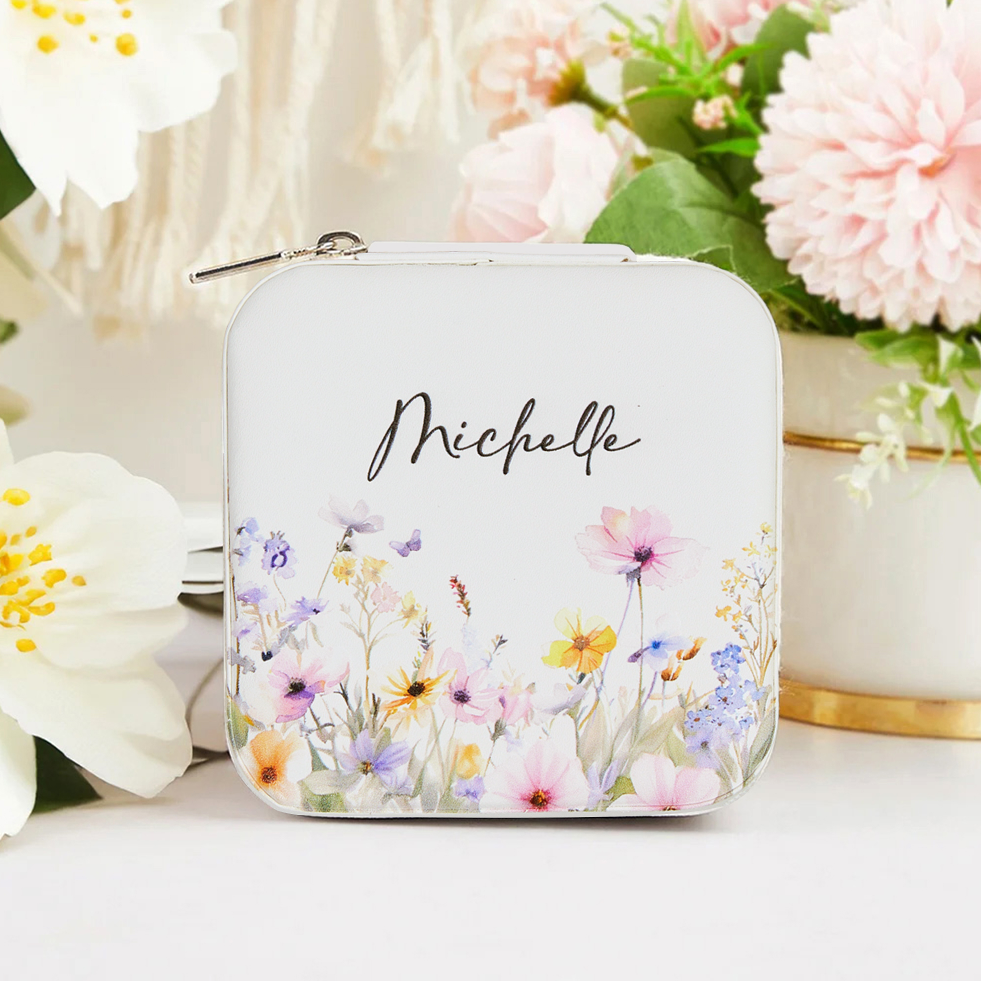 Boîte à Bijoux Portable Personnalisé avec Nom et Motif des Fleurs Coffret Multi-fentes Cadeau Mariage Anniversaire pour les Femmes