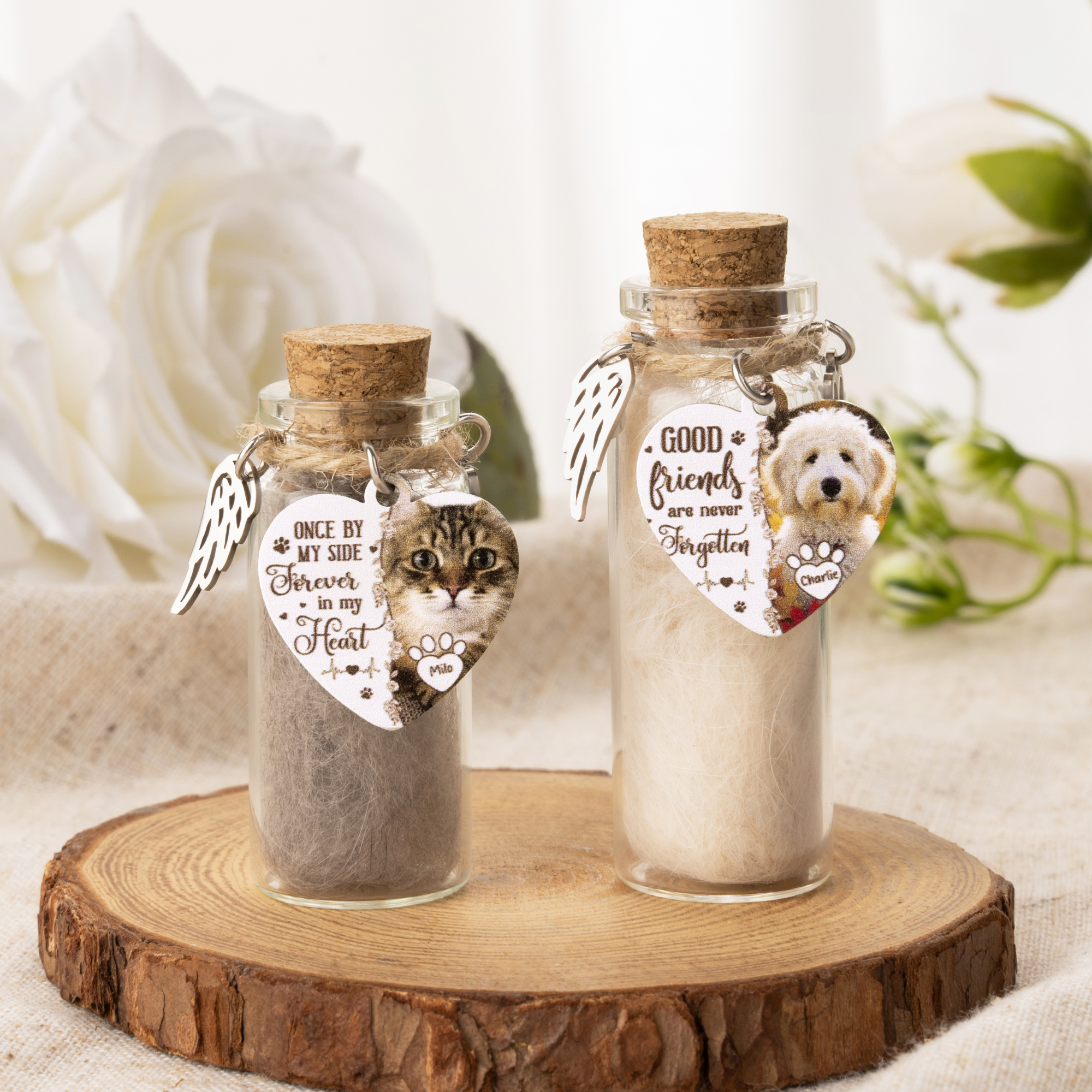 Bouteille de rangement pour poils d'animaux en forme de coeur avec nom Cadeau de sympathie pour la perte d'un animal de compagnie