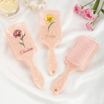 Personalized Birth Flower Paddle Air Cushion Comb with Name and Handle Ribbon Makeup Tool Christmas Birthday Gift for Women Girls