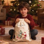 Personalized Santa Claus Christmas Tree Large Canvas Drawstring Gift Bag with Title and Name Christmas Gift for Family Friends