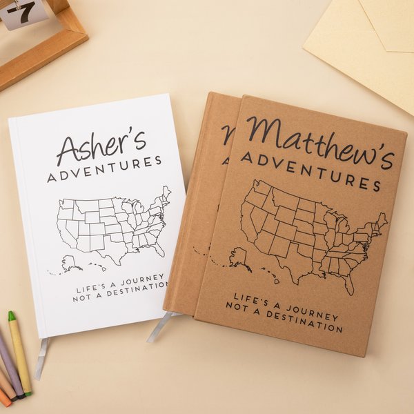 Personalized USA Adventure Map Name Journal Notebook with Lined Pages and Cover Name Gap Year Graduation Gift for Kids Graduates
