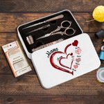 Personalized Family Heart Design Tin Box and 6 Pcs Sewing Tools Set with Kid Names Christmas Birthday Gift for Tailor Sewing Lover