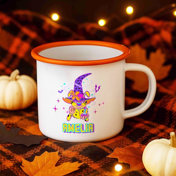 Gepersonaliseerde Multicolor Classic Cartoon Vleermuizen Halloween Heks Marsupilami 12 oz Emaille Mok met Naam Halloween Cadeau voor Kinderen | Callie × Marsupilami®