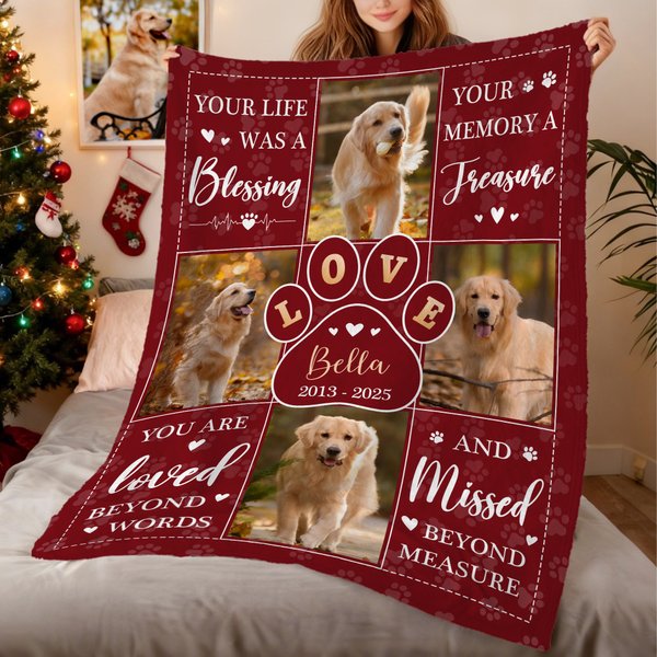 Personalised 4 Pet Photos Love Paw Soft Throw Blanket with Name Remembrance In Loving Memory Sympathy Gift for Loss of Pets