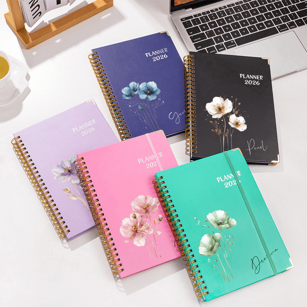 Personalized Watercolor Flower 2026 Planner Spiral A5 Notebook with Weekly and Monthly Planner Pages Birthday New Year Gift for Girls Women