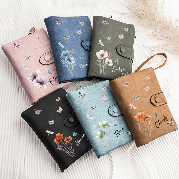Portafoglio personalizzato in pelle PU con slot per carte e cinturino da polso, regalo di compleanno per ragazze e donne.