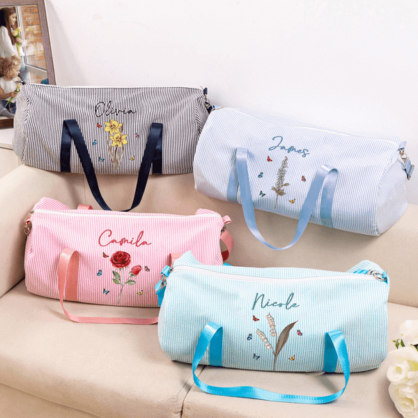 Personalizzato nascita fiore a strisce grande borsa in tela Duffle con nome e tracolla Sport viaggio essenziale Natale regalo di compleanno per le donne