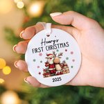 Personalized First Christmas Santa Claus Snowman Heart Round Ceramic Ornament with Name and Year Tree Decor Christmas Gift for Family Friends