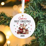 Personalized First Christmas Santa Claus Snowman Heart Round Ceramic Ornament with Name and Year Tree Decor Christmas Gift for Family Friends
