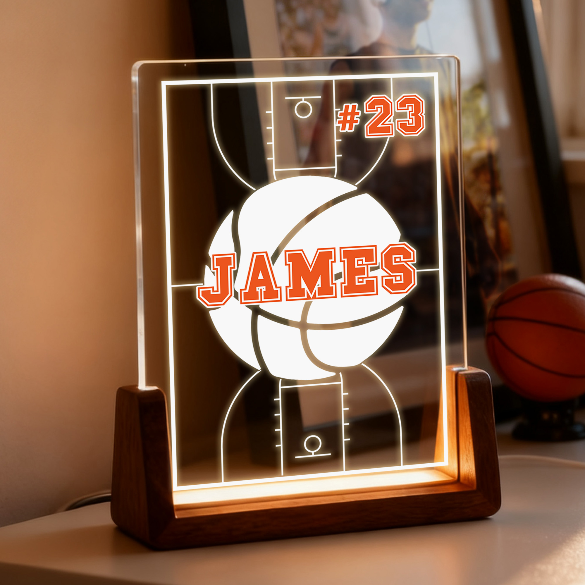 Veilleuse LED en acrylique avec base en bois et nom Numéro Décoration de bureau Anniversaire Cadeau de Noël pour les amoureux du sport
