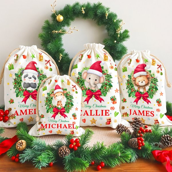 Personalized Cute Cartoon Christmas Animal Wreath Drawstring Christmas Gift Bag with Name Christmas Eve Party Gift for Kids Family Friends