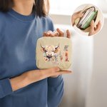 Personalized Floral Initial Highland Cow Square Corduroy Makeup Bag with Name and Zipper Travel Birthday Gift for Women Friends