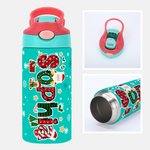 Personalized Deer Santa Claus Christmas-Themed Letters 12 oz Insulated Kid Water Bottle with Handle and Straw Christmas Gift for Boys Girls