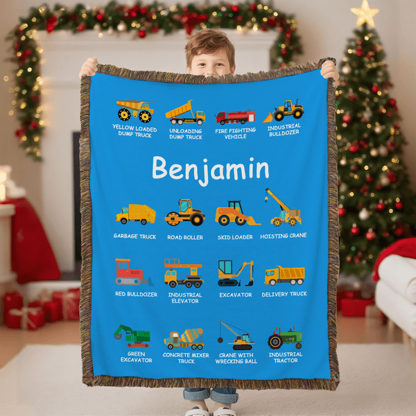 Personalized Construction Truck Multicolor Soft Tassel Blanket with Name Birthday Christmas Gift for Kids Truck Lovers