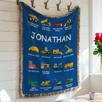 Personalized Construction Truck Multicolor Soft Tassel Blanket with Name Birthday Christmas Gift for Kids Truck Lovers